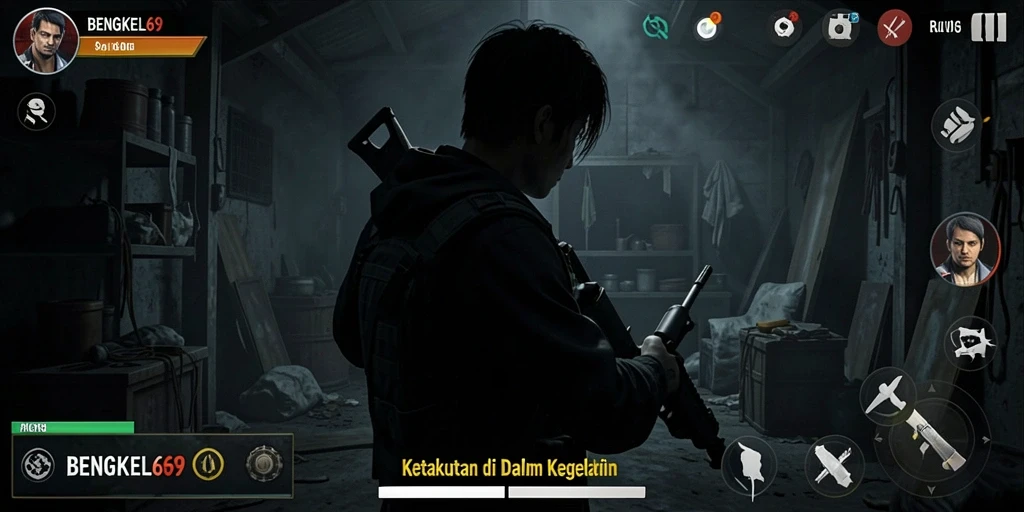 Screenshot gameplay BENGKEL69 menunjukkan suasana horor yang mencekam di bengkel angker.