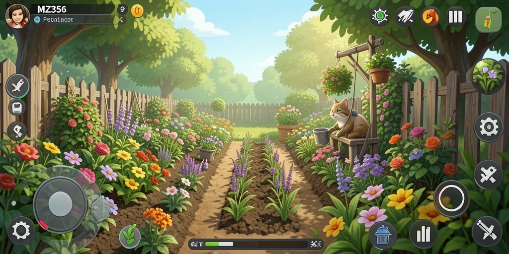 Screenshot gameplay MZ356 menampilkan ladang yang indah dengan berbagai tanaman.