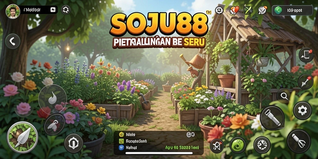 Tangkapan layar SOJU88 menampilkan ladang pertanian yang rimbun dan penuh kegiatan.